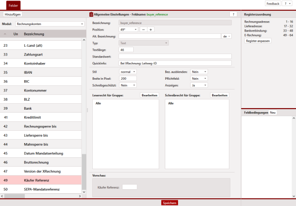 Add-on E-Rechnung Felder in der Felderverwaltung einstellen